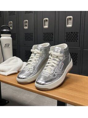 Skechers Court & Classics Metallic Silver High Top Sneakers Size 7.5 NWOT Memory